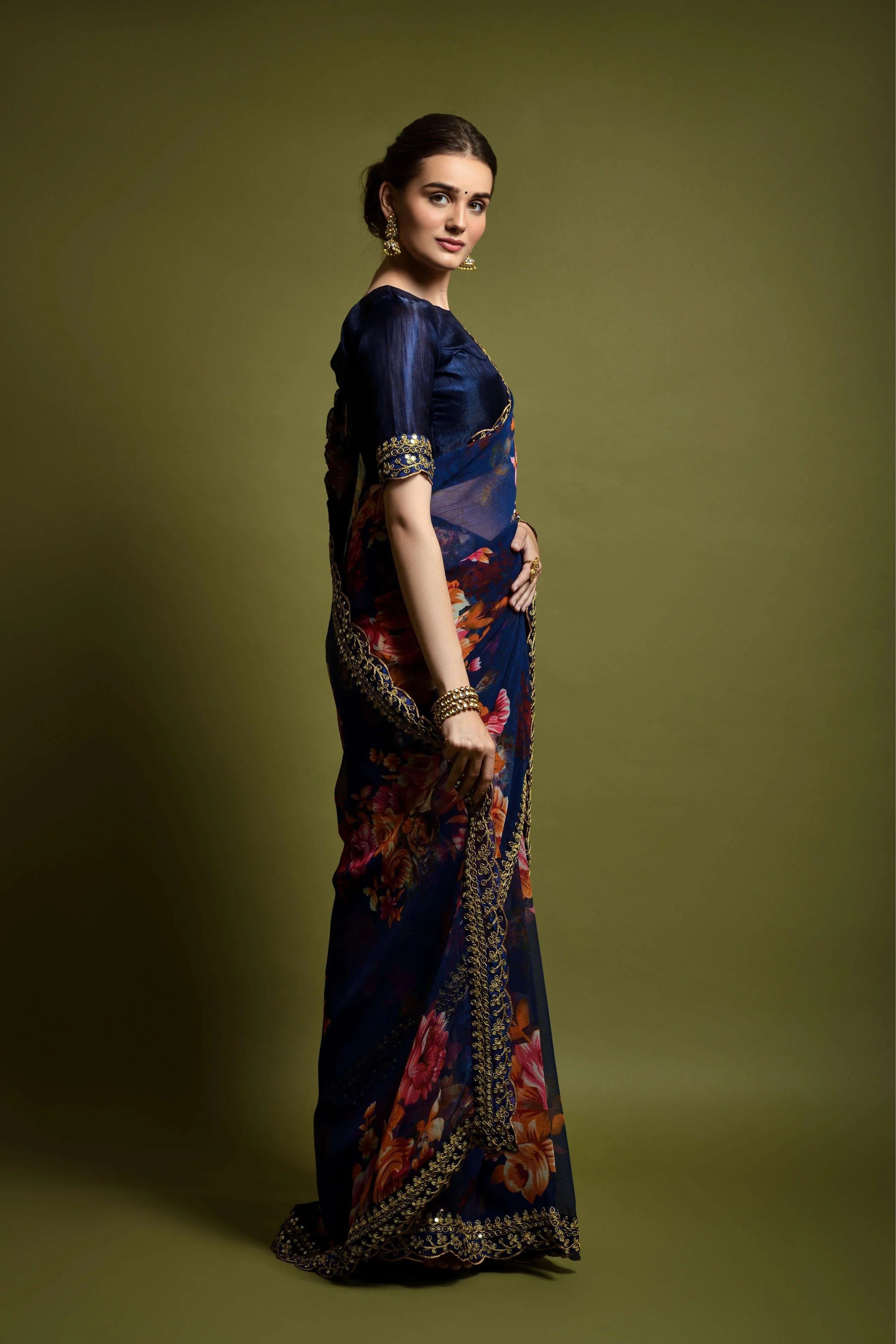 Women Party Wear Designer Blue Colour Heavy Georgette Fabric Flower Printed with Heavy Lace Border