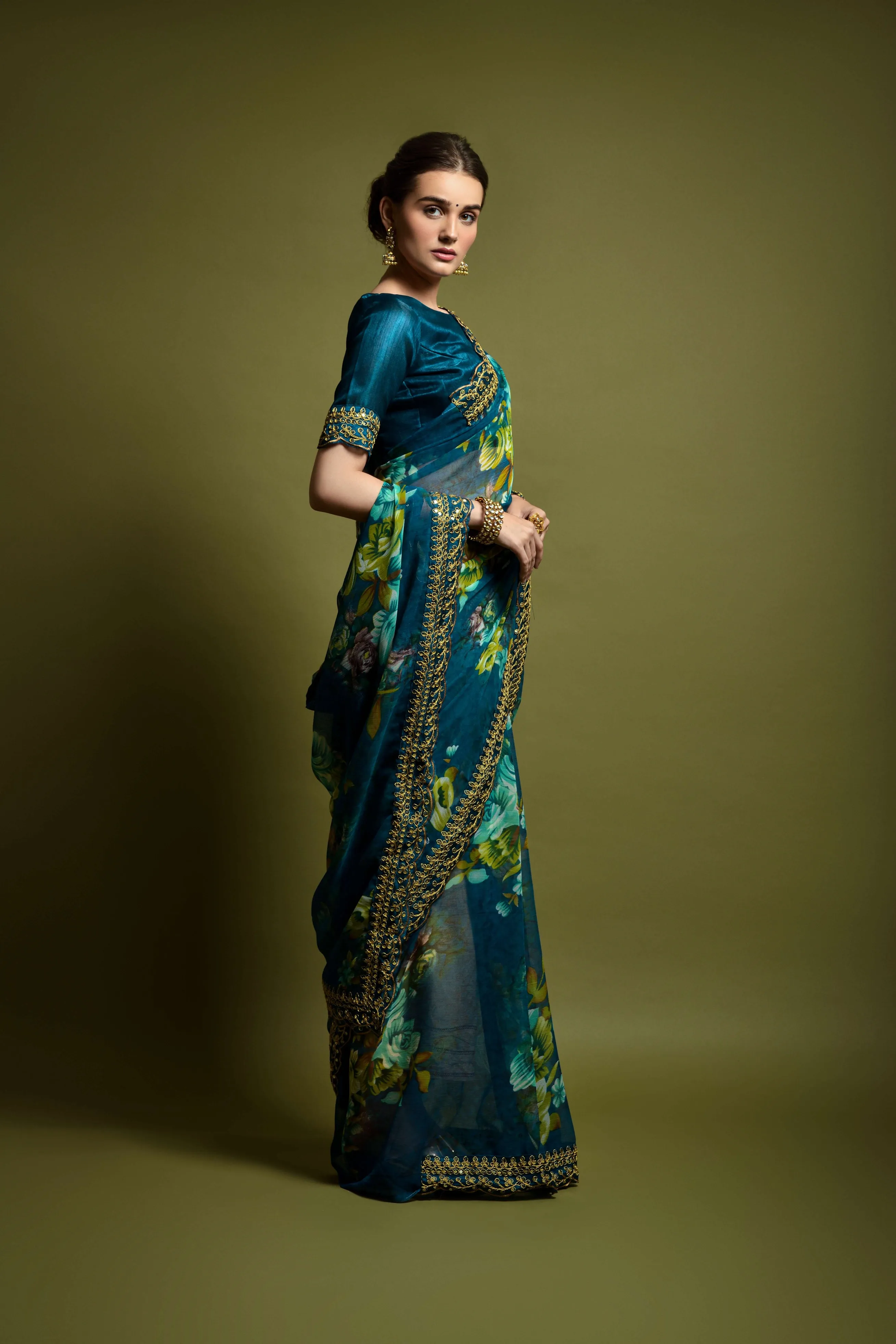 Women Party Wear Designer Green Colour Heavy Georgette Fabric Flower Printed with Heavy Lace Border