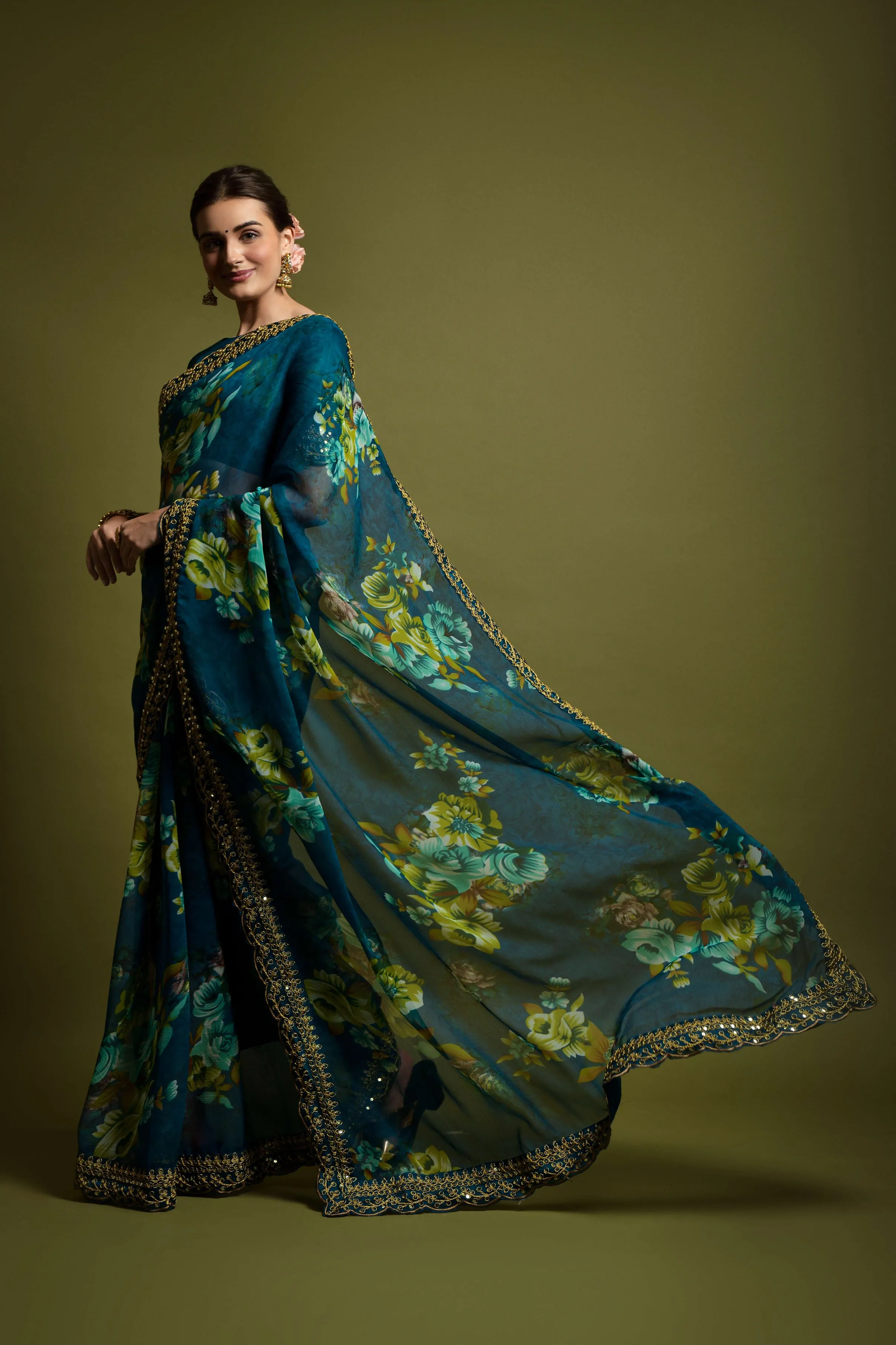Women Party Wear Designer Green Colour Heavy Georgette Fabric Flower Printed with Heavy Lace Border