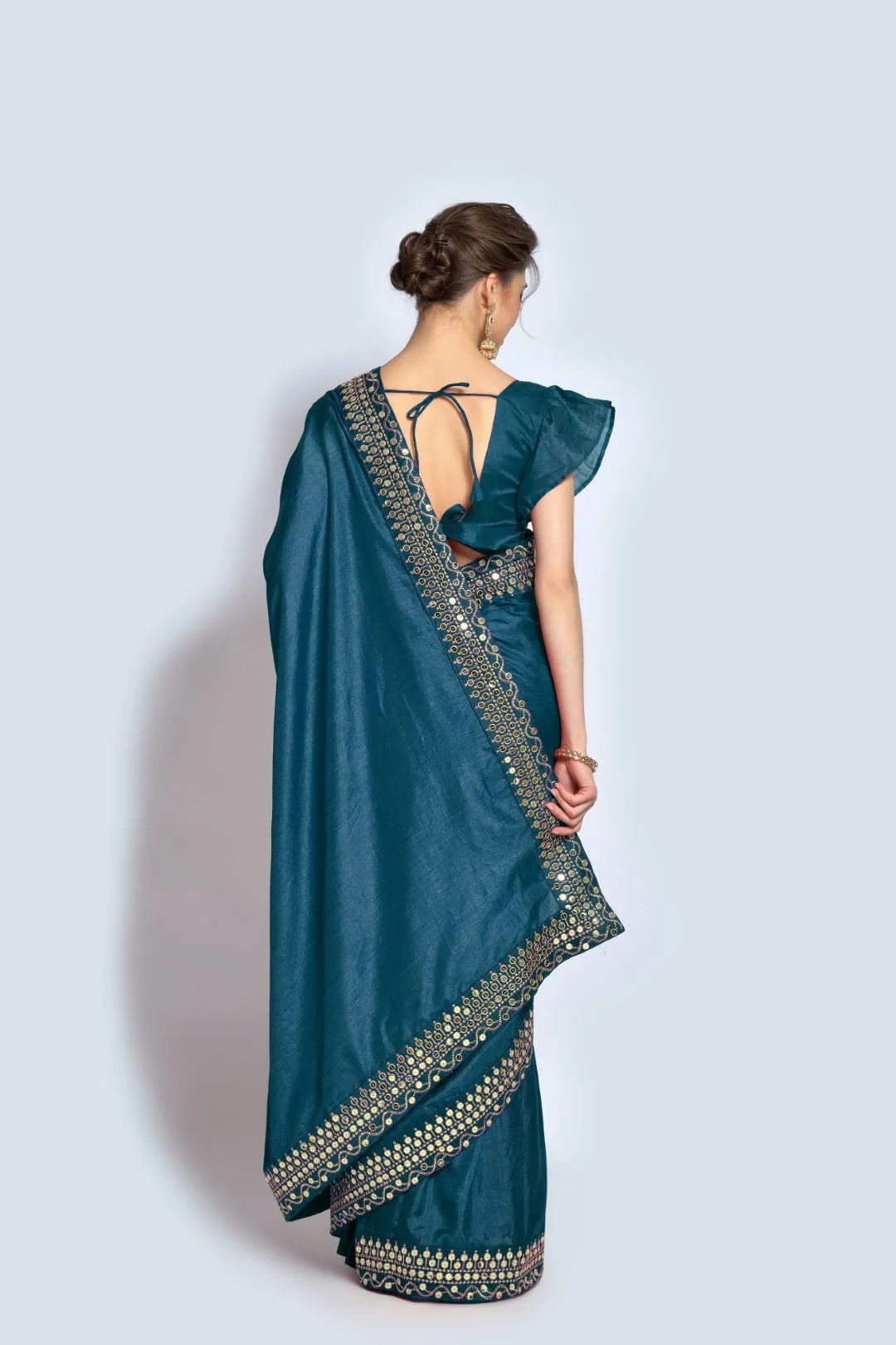 Women Party Wear Designer Pastel Colour Vichitra Silk Fabric Plain Saree with Sequence Worked Lace Border