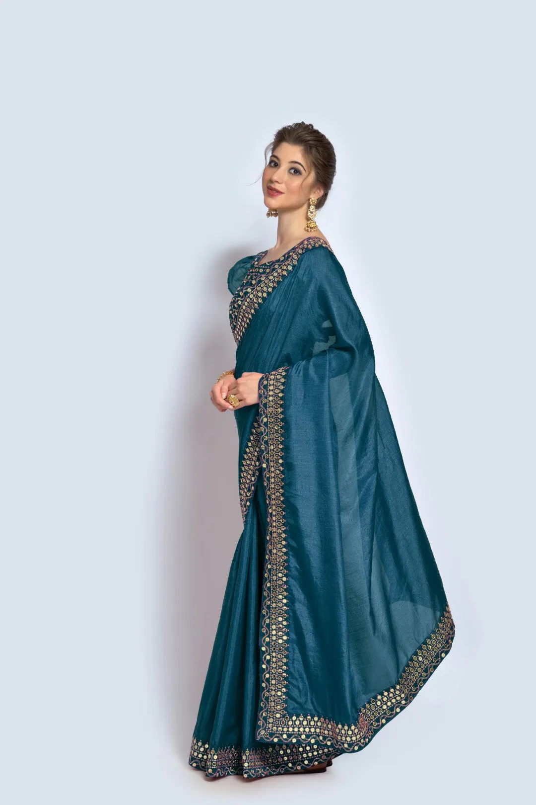 Women Party Wear Designer Pastel Colour Vichitra Silk Fabric Plain Saree with Sequence Worked Lace Border