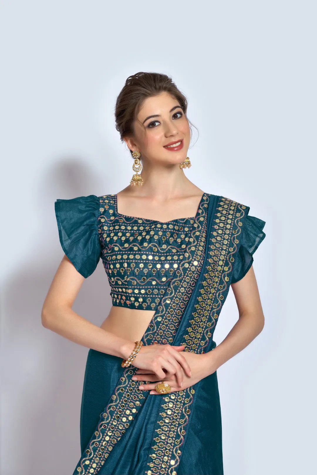 Women Party Wear Designer Pastel Colour Vichitra Silk Fabric Plain Saree with Sequence Worked Lace Border