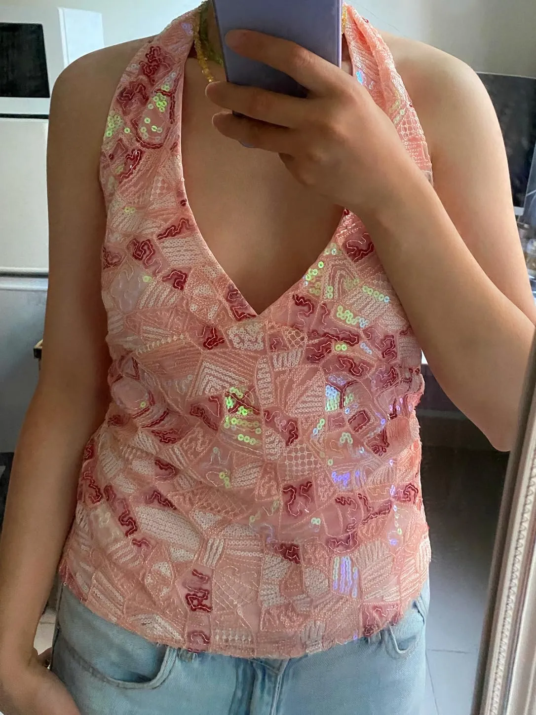 Women Y2k Sequin Floral Tank Top Sparkle Pearl Embellished Cami Top Sleeveless Rhinestone Crop Top