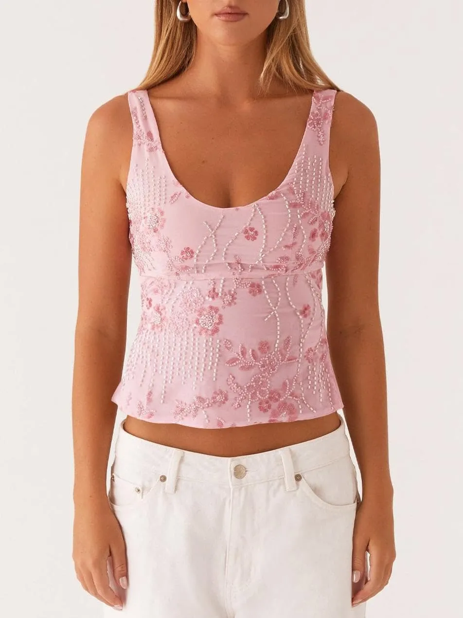 Women Y2k Sequin Floral Tank Top Sparkle Pearl Embellished Cami Top Sleeveless Rhinestone Crop Top