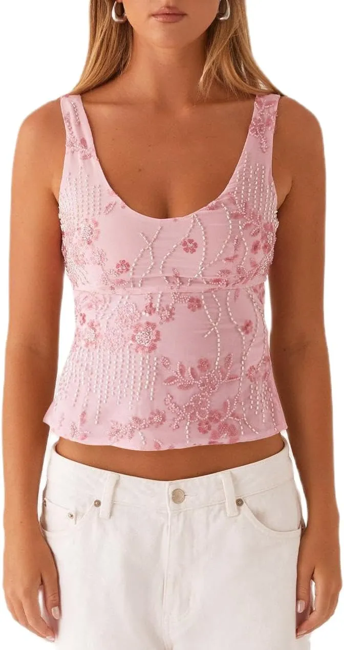 Women Y2k Sequin Floral Tank Top Sparkle Pearl Embellished Cami Top Sleeveless Rhinestone Crop Top
