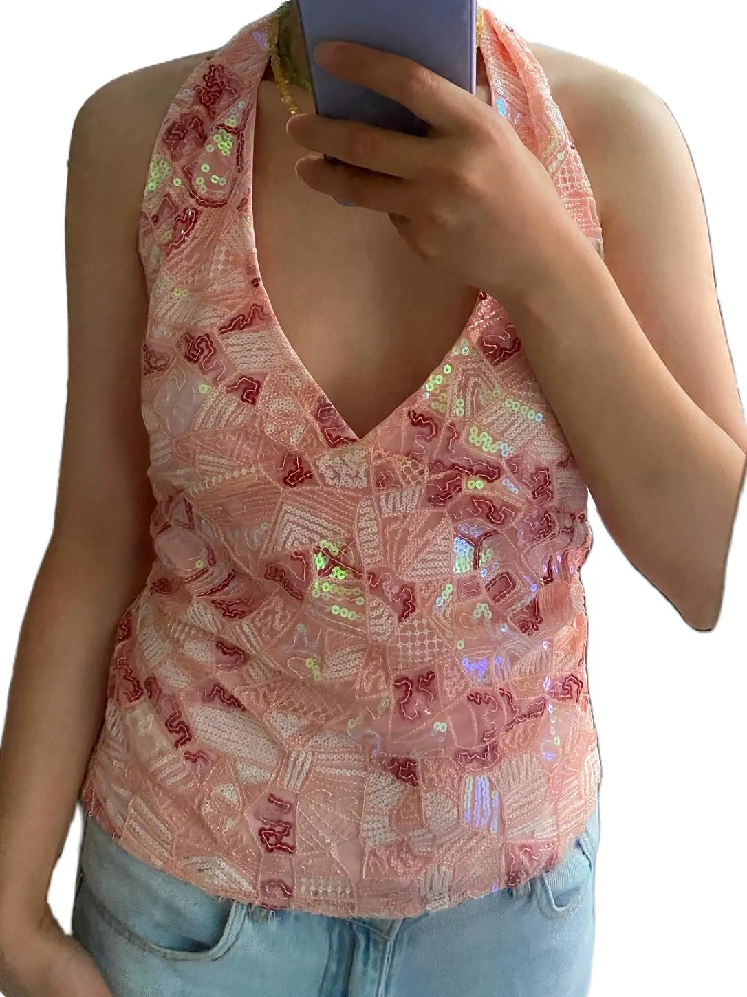 Women Y2k Sequin Floral Tank Top Sparkle Pearl Embellished Cami Top Sleeveless Rhinestone Crop Top