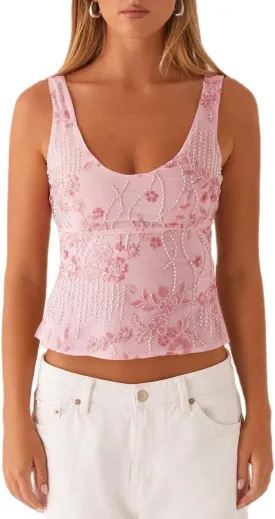 Women Y2k Sequin Floral Tank Top Sparkle Pearl Embellished Cami Top Sleeveless Rhinestone Crop Top