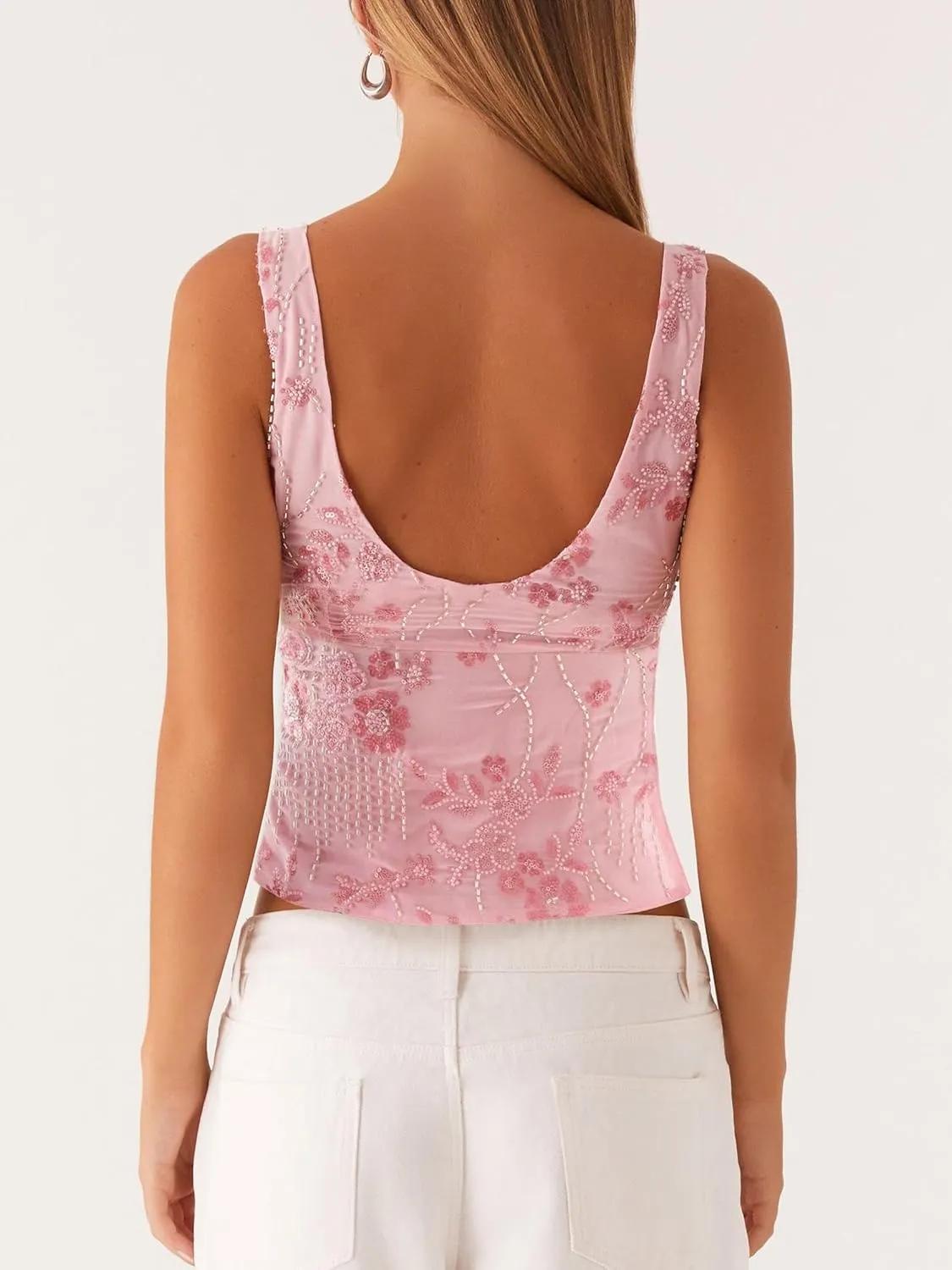 Women Y2k Sequin Floral Tank Top Sparkle Pearl Embellished Cami Top Sleeveless Rhinestone Crop Top