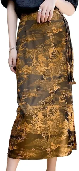 Women's Chinese Style Silk Satin Pencil Skirt,High Waist Vintage Split Midi Skirt for Summer