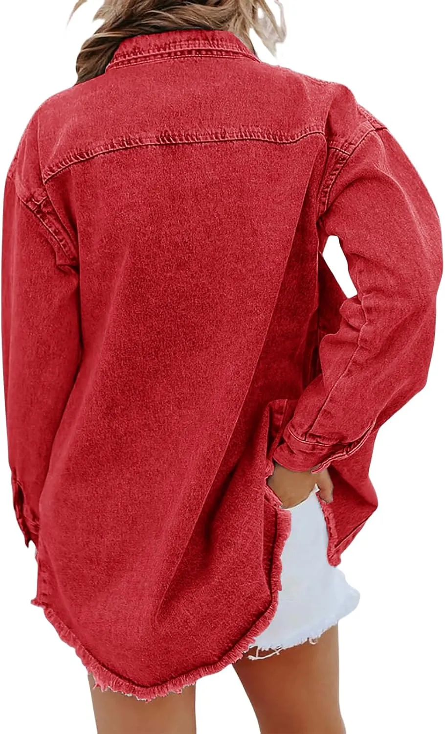 Womens Denim Jacket Oversized Button Down Frayed Hem Shacket Long Sleeve Lapel Shirt Casual Boyfriend Jacket