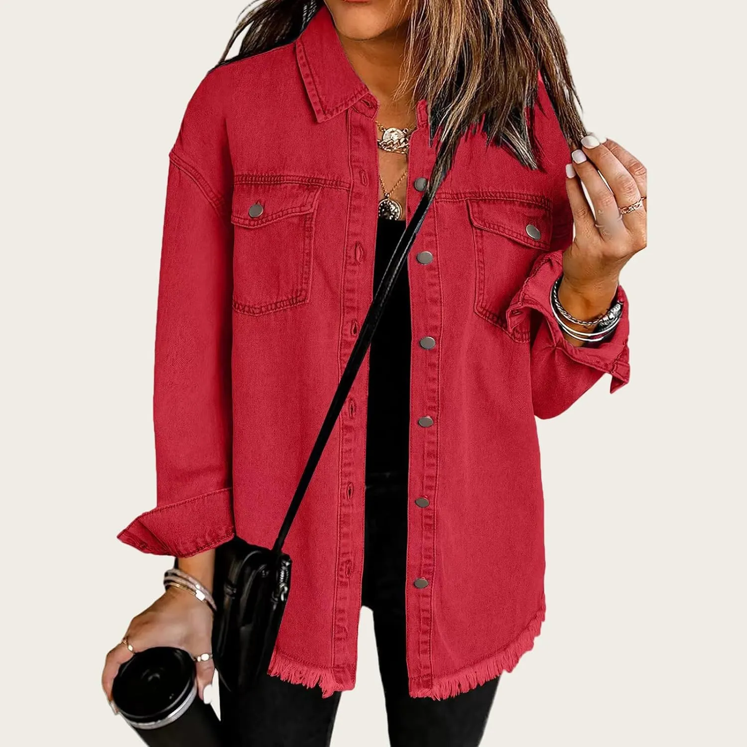 Womens Denim Jacket Oversized Button Down Frayed Hem Shacket Long Sleeve Lapel Shirt Casual Boyfriend Jacket