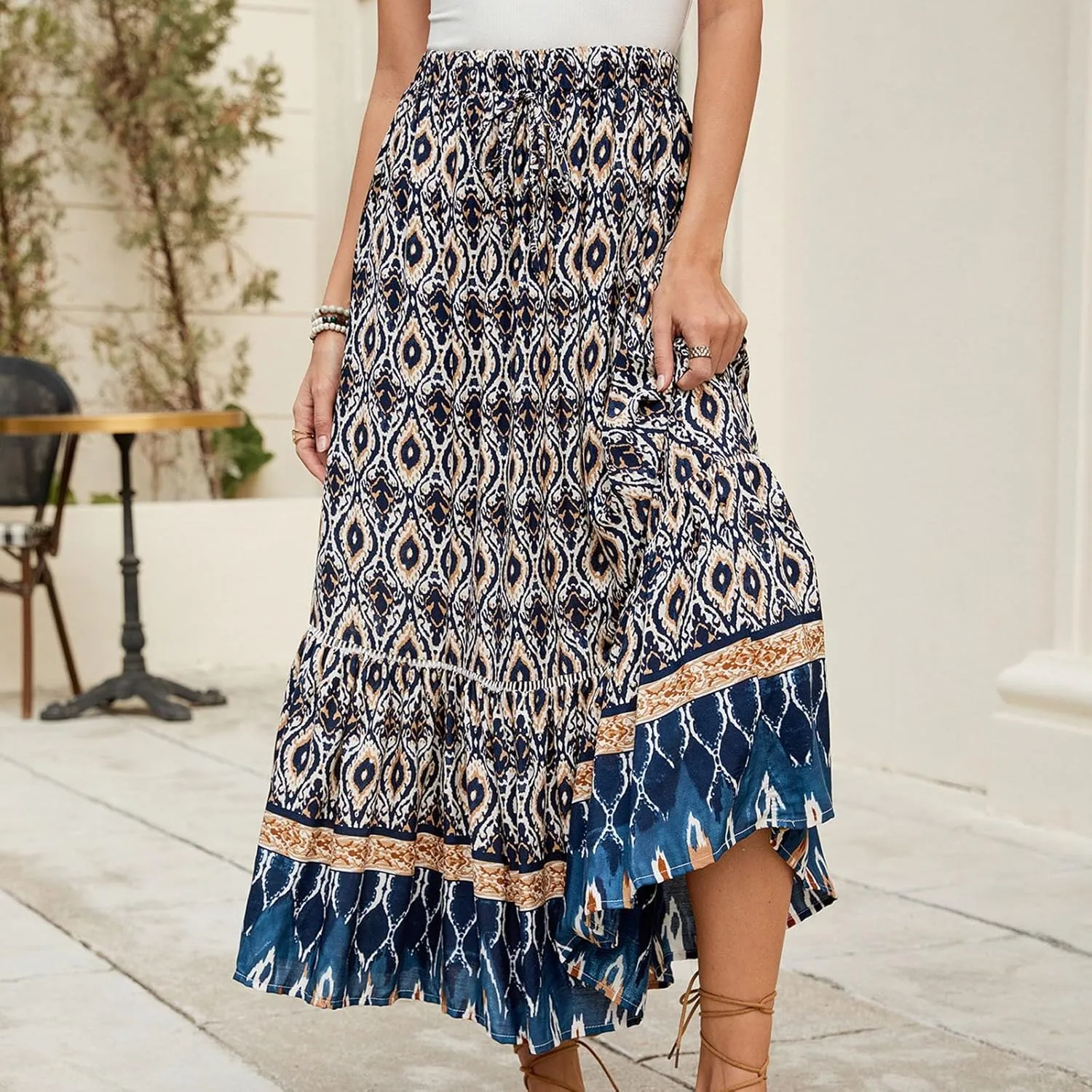 Women's Fashion Maxi Skirts Solid Color Beach High Waist Bohemian A-Line Layered Halter Flowy Skirt