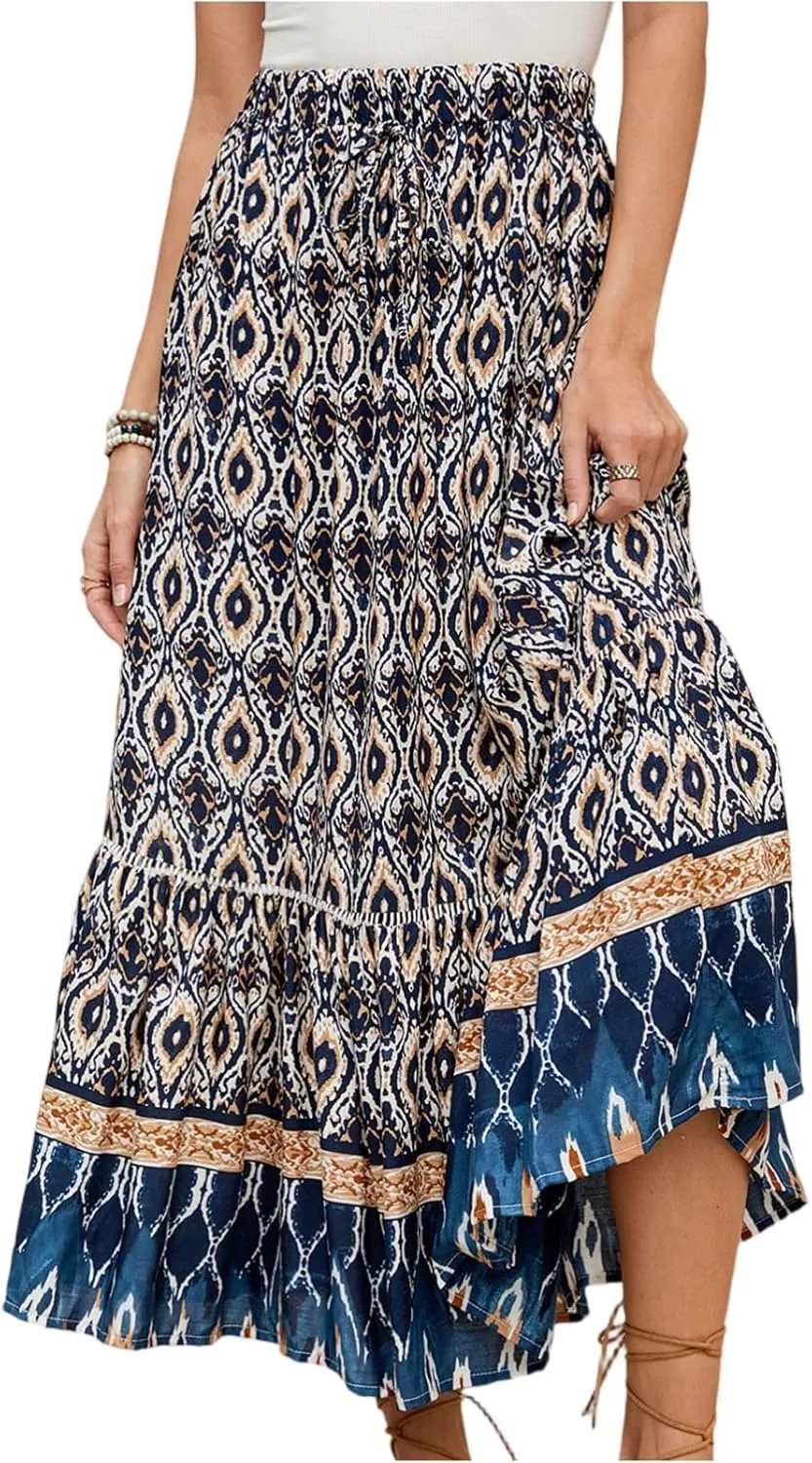 Women's Fashion Maxi Skirts Solid Color Beach High Waist Bohemian A-Line Layered Halter Flowy Skirt