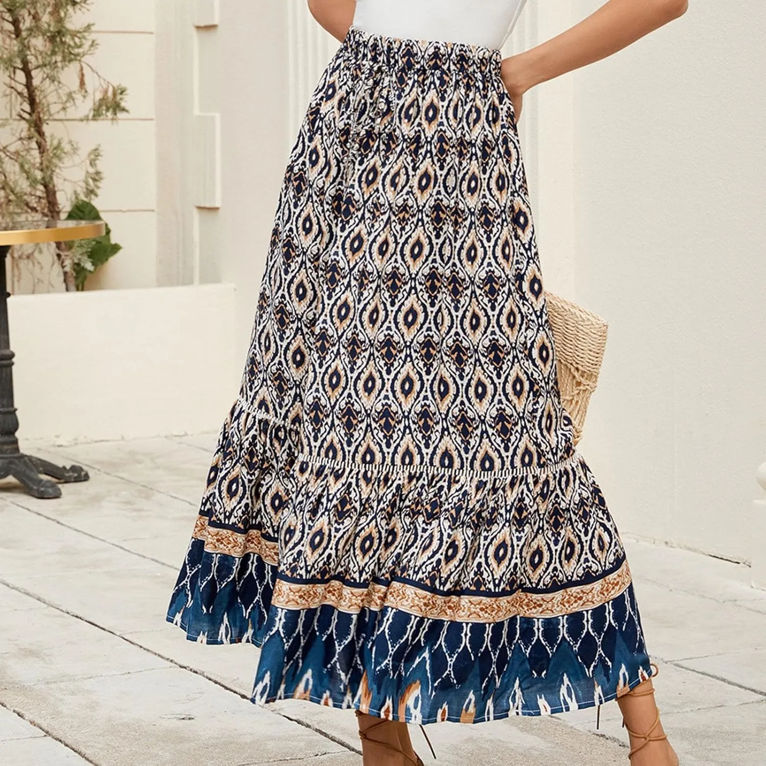 Women's Fashion Maxi Skirts Solid Color Beach High Waist Bohemian A-Line Layered Halter Flowy Skirt