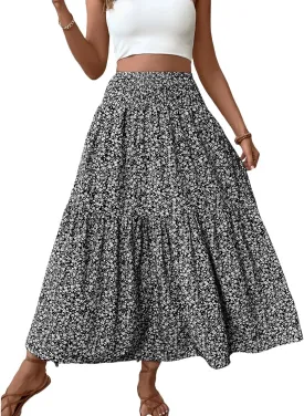 Women's Floral Maxi Skirts Summer Print Elastic High Waisted Ruffle Hem Skorts Casual Flowy Boho Long Beach Skirts