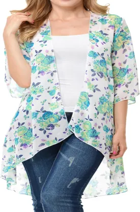 Women's Floral Print Kimono Cardigan Loose Open Front Lightweight Chiffon Vest Cardigan Cover up