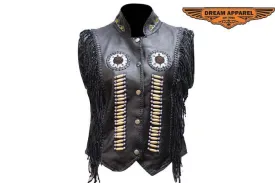 Womens Leather Vest With Nylon Lining Bone & Beads