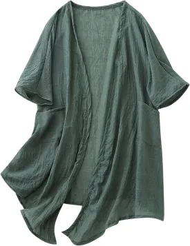 Womens Long Cardigans Lightweight Cover Up Fall Casual Loose Fit Half Sleeve Cotton Tops Beach Coverups with Pockets