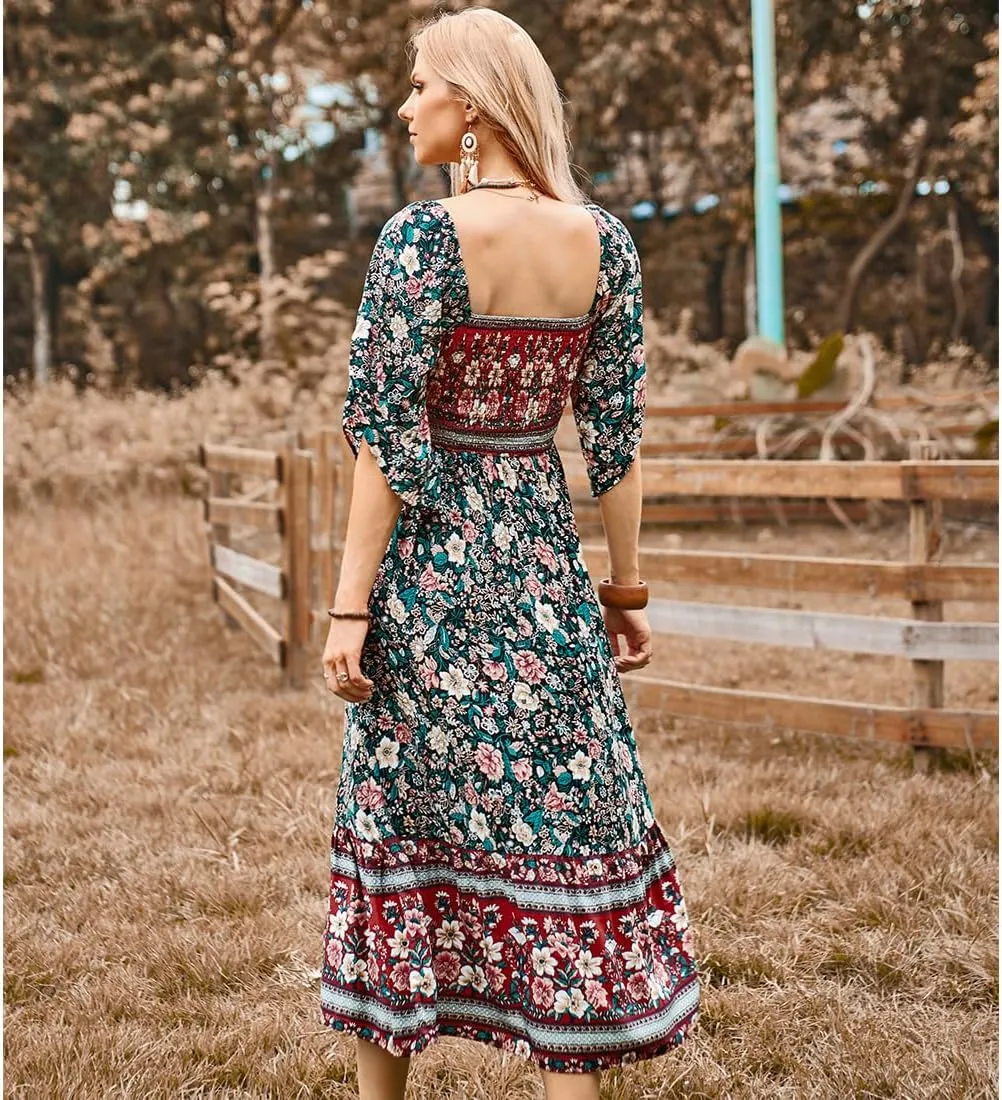 Women's Long Maxi Dress Sexy Off Shoulder Floral Dress Ruffle Short Sleeve Smocked Flowy A Line Boho Dress