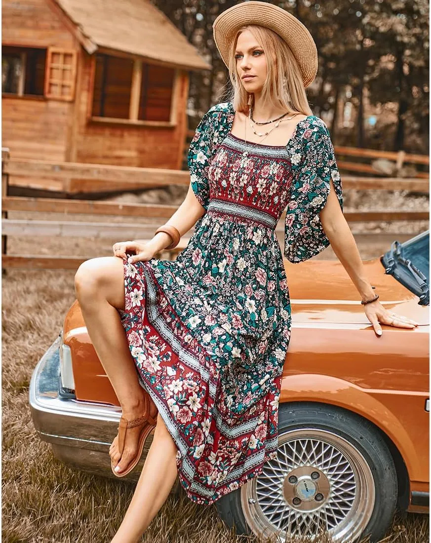 Women's Long Maxi Dress Sexy Off Shoulder Floral Dress Ruffle Short Sleeve Smocked Flowy A Line Boho Dress