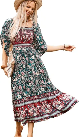 Women's Long Maxi Dress Sexy Off Shoulder Floral Dress Ruffle Short Sleeve Smocked Flowy A Line Boho Dress