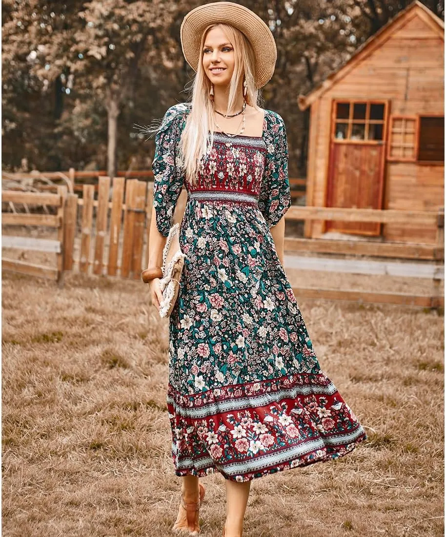 Women's Long Maxi Dress Sexy Off Shoulder Floral Dress Ruffle Short Sleeve Smocked Flowy A Line Boho Dress