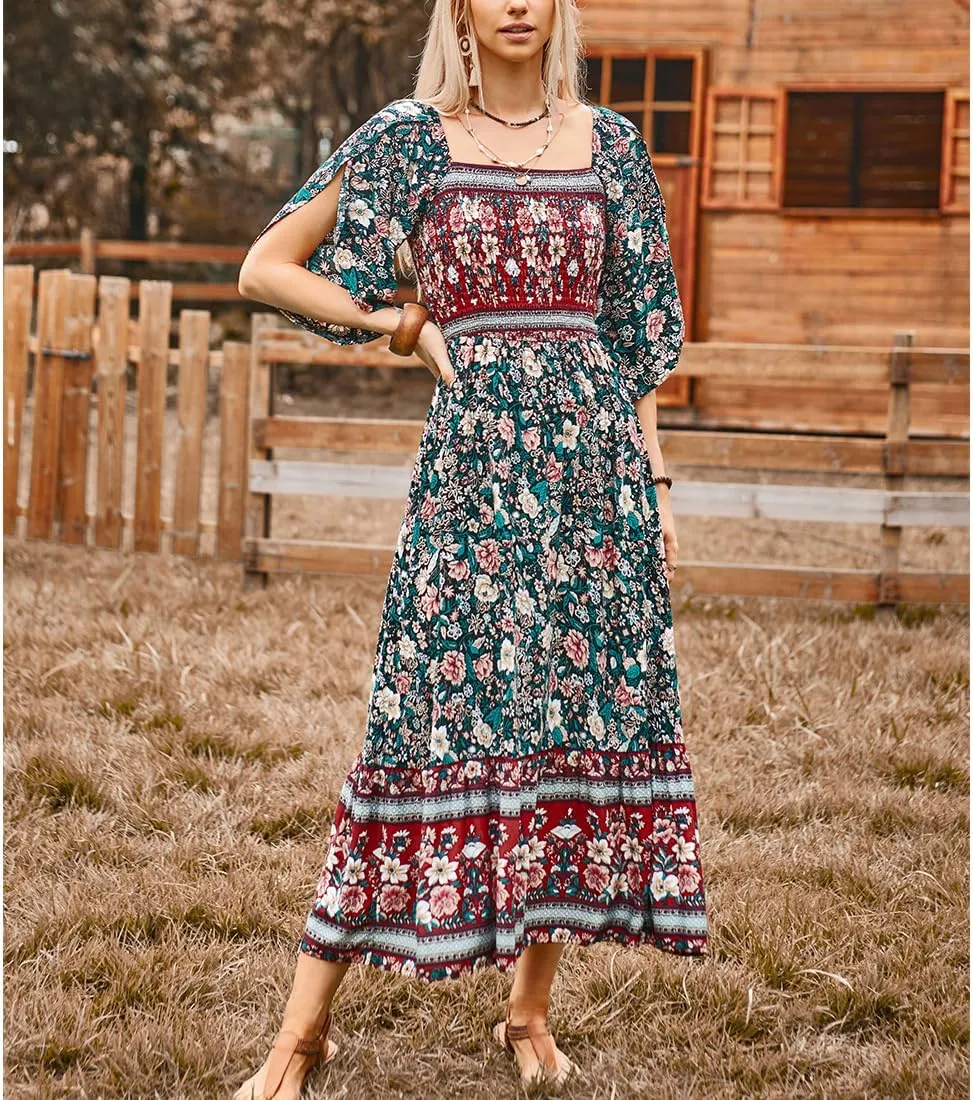Women's Long Maxi Dress Sexy Off Shoulder Floral Dress Ruffle Short Sleeve Smocked Flowy A Line Boho Dress