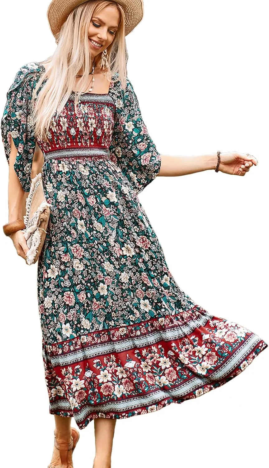 Women's Long Maxi Dress Sexy Off Shoulder Floral Dress Ruffle Short Sleeve Smocked Flowy A Line Boho Dress