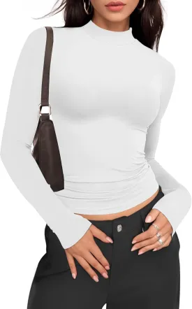 Womens Mock Turtle Neck Basic Long Sleeve T Shirt Slim Fit Tees Fall Y2k Going Out Crop Tops Cute Tight Shirts