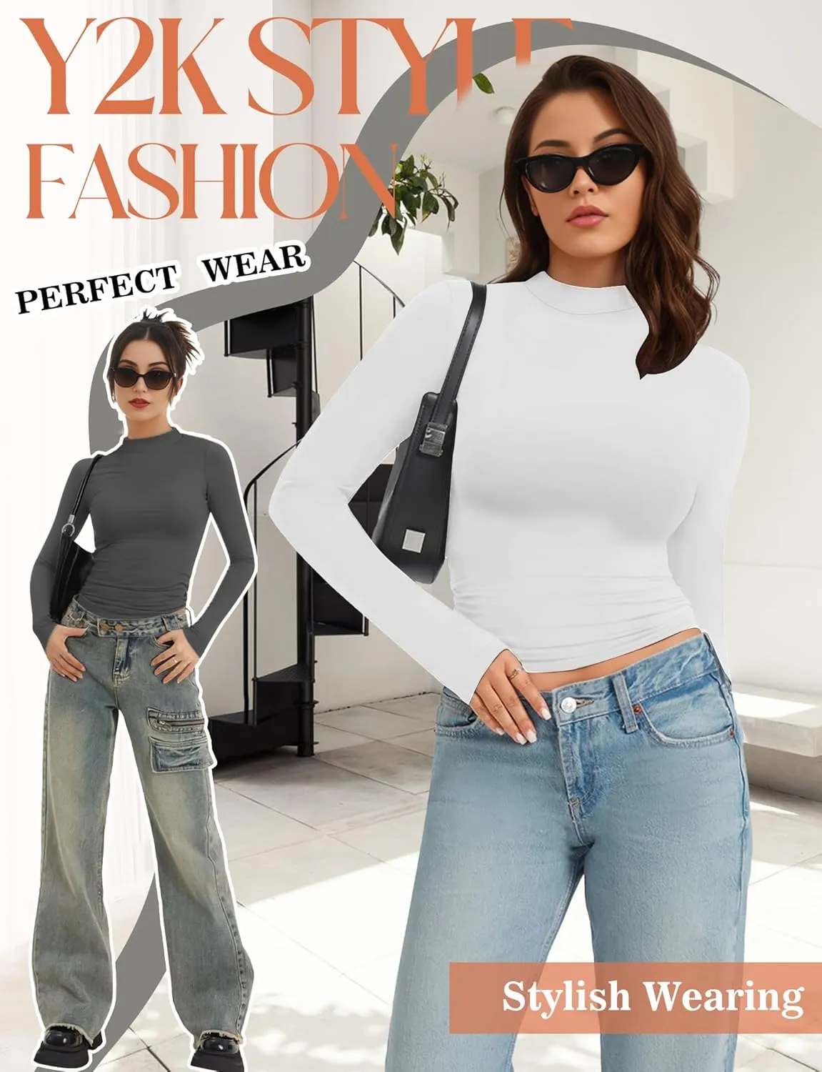 Womens Mock Turtle Neck Basic Long Sleeve T Shirt Slim Fit Tees Fall Y2k Going Out Crop Tops Cute Tight Shirts