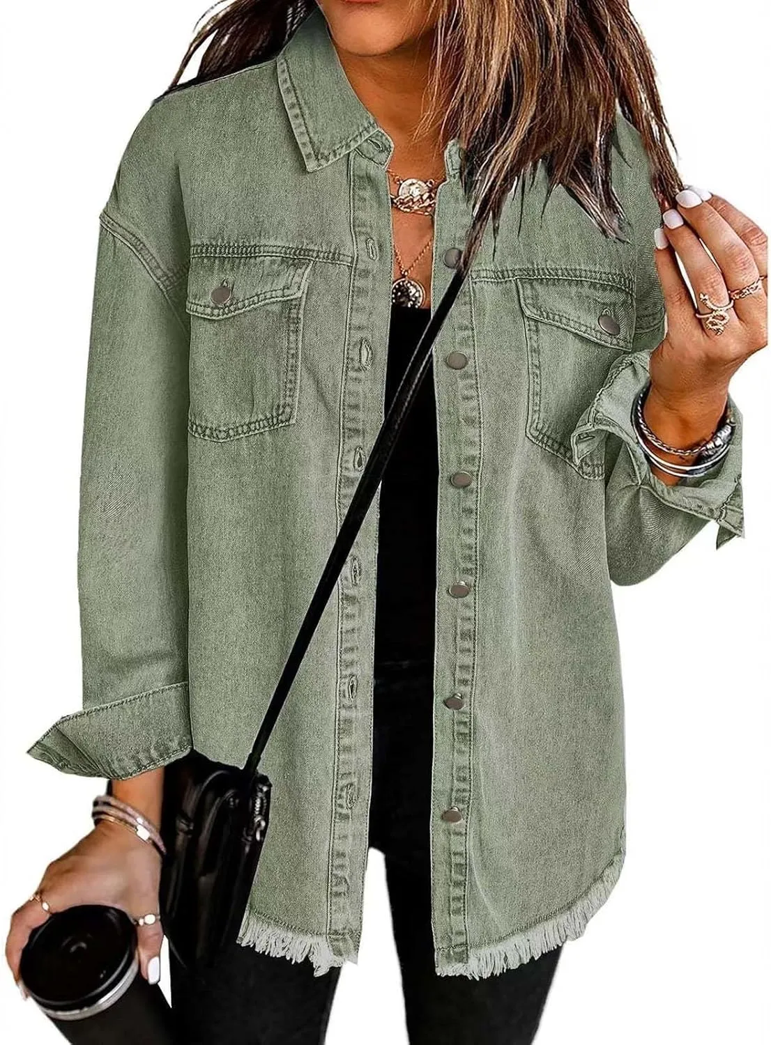 Womens Oversized Button Up Frayed Hem Shacket Long Sleeve Denim Shirts Pockets Denim Jean Jacket 2025 Summer Outfits