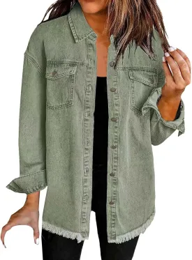 Womens Oversized Button Up Frayed Hem Shacket Long Sleeve Denim Shirts Pockets Denim Jean Jacket 2025 Summer Outfits