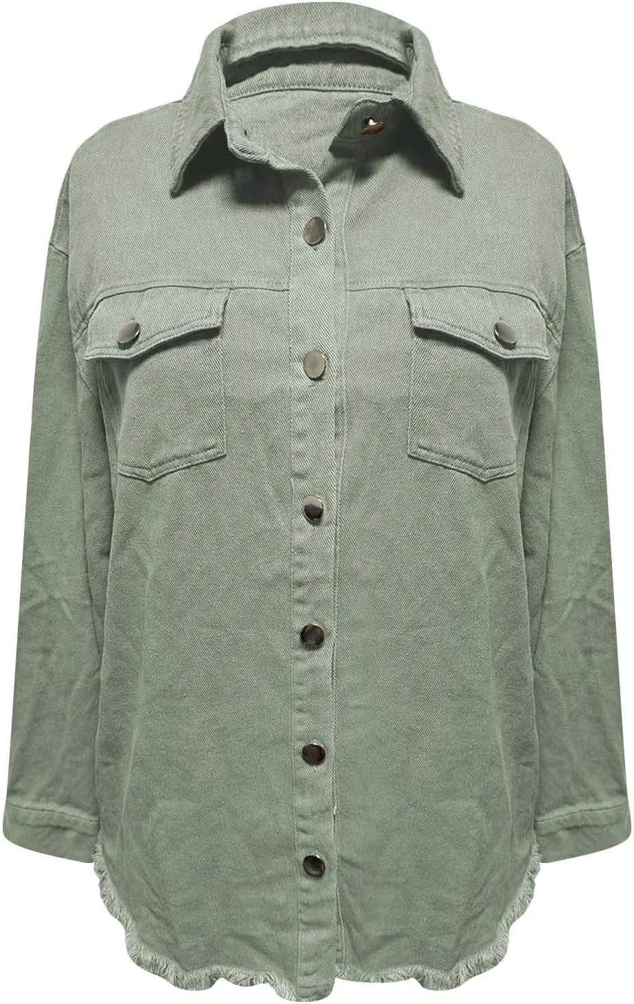 Womens Oversized Button Up Frayed Hem Shacket Long Sleeve Denim Shirts Pockets Denim Jean Jacket 2025 Summer Outfits