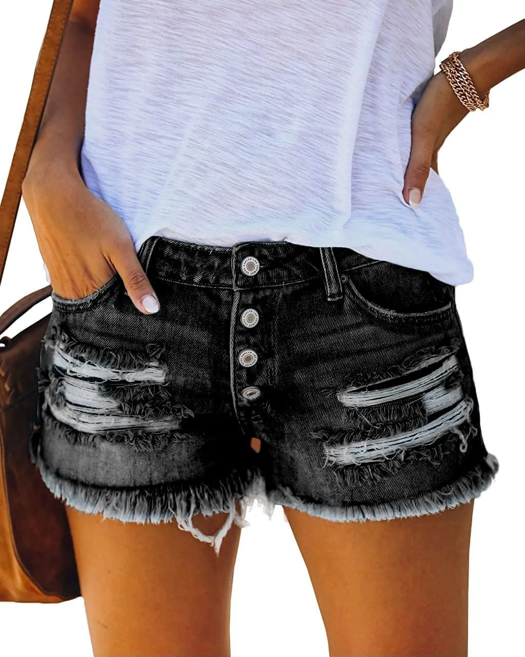 Womens Ripped Mid Rise Denim Shorts Stretchy Casual Raw Hem Summer hot Jean Shorts