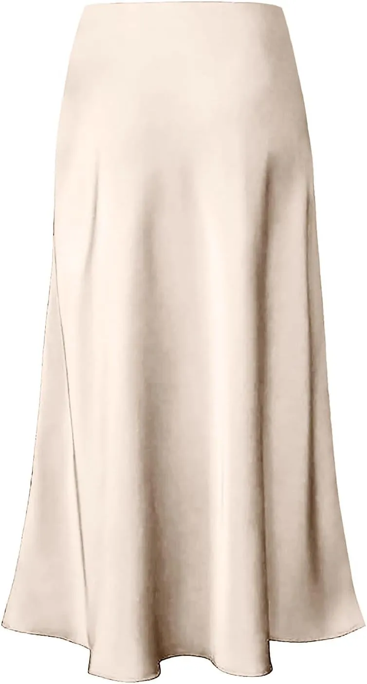 Women's Satin Silk Maxi Skirts High Waist Hidden Elasticized Waistband Flared Casual A Line Midi Skirt Cocktail Party