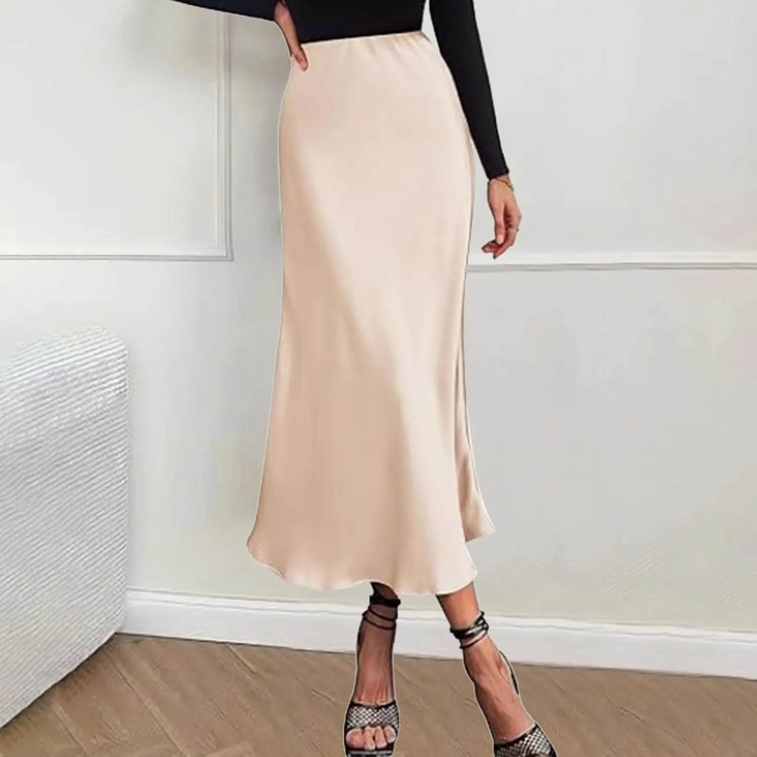 Women's Satin Silk Maxi Skirts High Waist Hidden Elasticized Waistband Flared Casual A Line Midi Skirt Cocktail Party