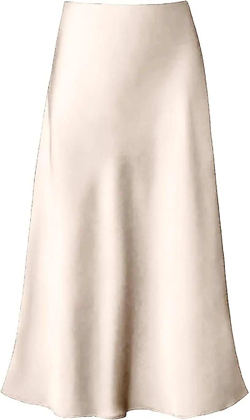 Women's Satin Silk Maxi Skirts High Waist Hidden Elasticized Waistband Flared Casual A Line Midi Skirt Cocktail Party