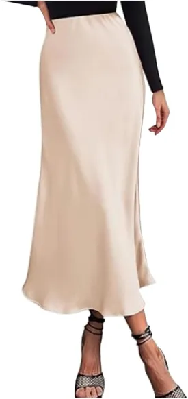 Women's Satin Silk Maxi Skirts High Waist Hidden Elasticized Waistband Flared Casual A Line Midi Skirt Cocktail Party