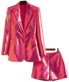 Womens Sequins Blazer Shorts Suit Set 2 PC Single Breasted Womens Glitter Suit Notch Lapel Prom Party Suit