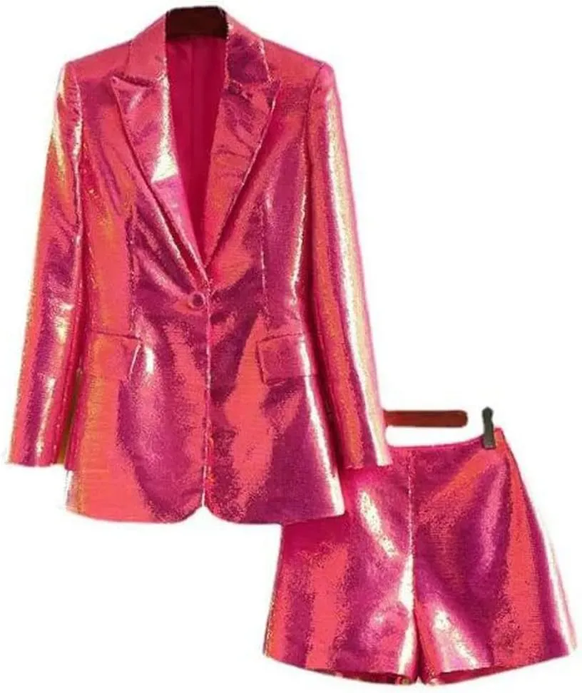 Womens Sequins Blazer Shorts Suit Set 2 PC Single Breasted Womens Glitter Suit Notch Lapel Prom Party Suit