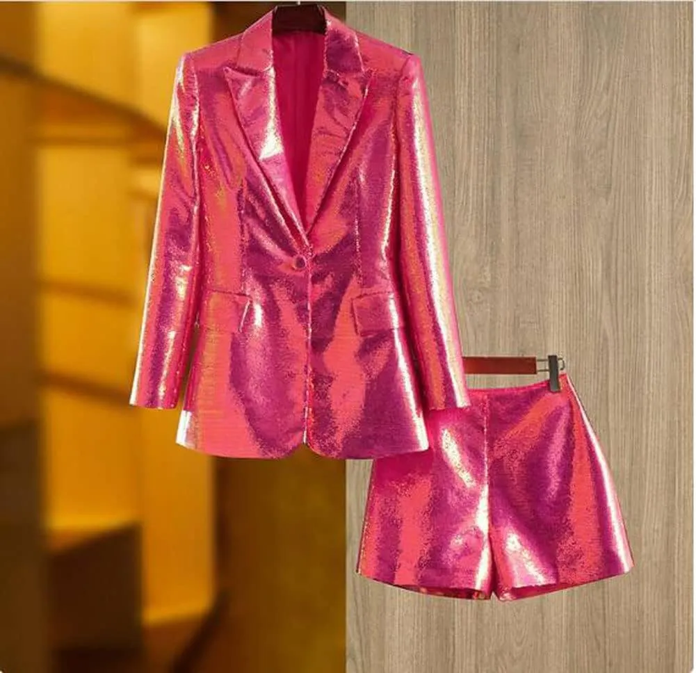 Womens Sequins Blazer Shorts Suit Set 2 PC Single Breasted Womens Glitter Suit Notch Lapel Prom Party Suit