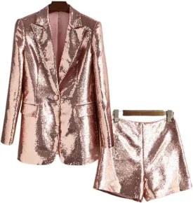 Womens Sequins Blazer Shorts Suit Set 2 PC Single Breasted Womens Glitter Suit Notch Lapel Prom Party Suit