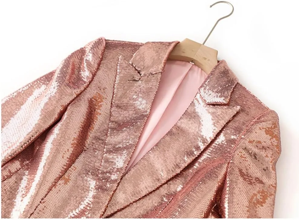 Womens Sequins Blazer Shorts Suit Set 2 PC Single Breasted Womens Glitter Suit Notch Lapel Prom Party Suit