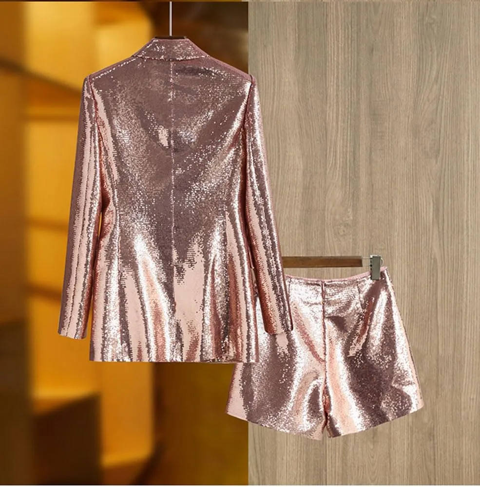 Womens Sequins Blazer Shorts Suit Set 2 PC Single Breasted Womens Glitter Suit Notch Lapel Prom Party Suit