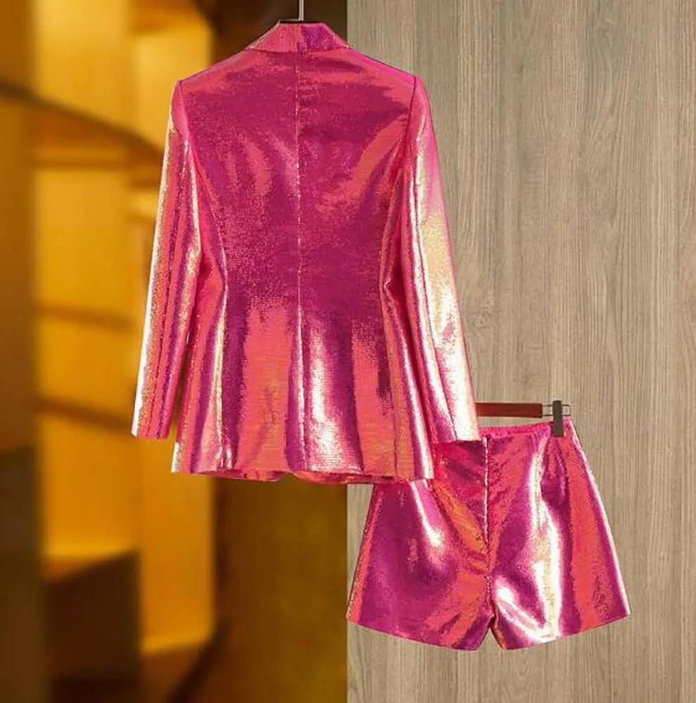 Womens Sequins Blazer Shorts Suit Set 2 PC Single Breasted Womens Glitter Suit Notch Lapel Prom Party Suit