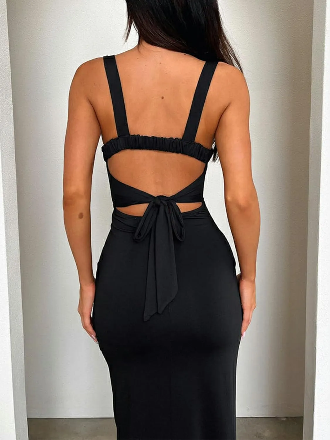 Women's Sexy Backless Spaghetti Straps Square Neck Maxi Dress Thigh High Slit Bodycon Cocktail Party Dress
