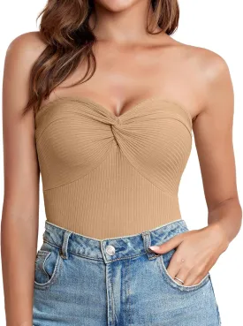 Womens Strapless Tube Tops Cute Knit Tank Top Sexy Ribbed Twisted Knot Front Sleeveless Backless Y2K Going Out Cami Tank Top
