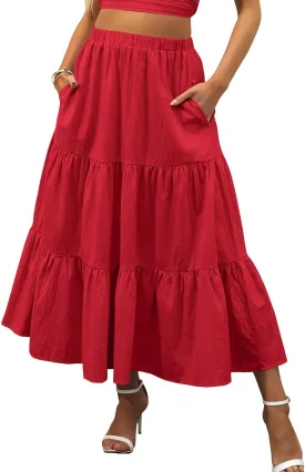 Womens Summer Maxi Skirt High Casual Elastic Waist Flowy Swing Skirts Boho Pleated A-Line Skirt 2025 Fashion