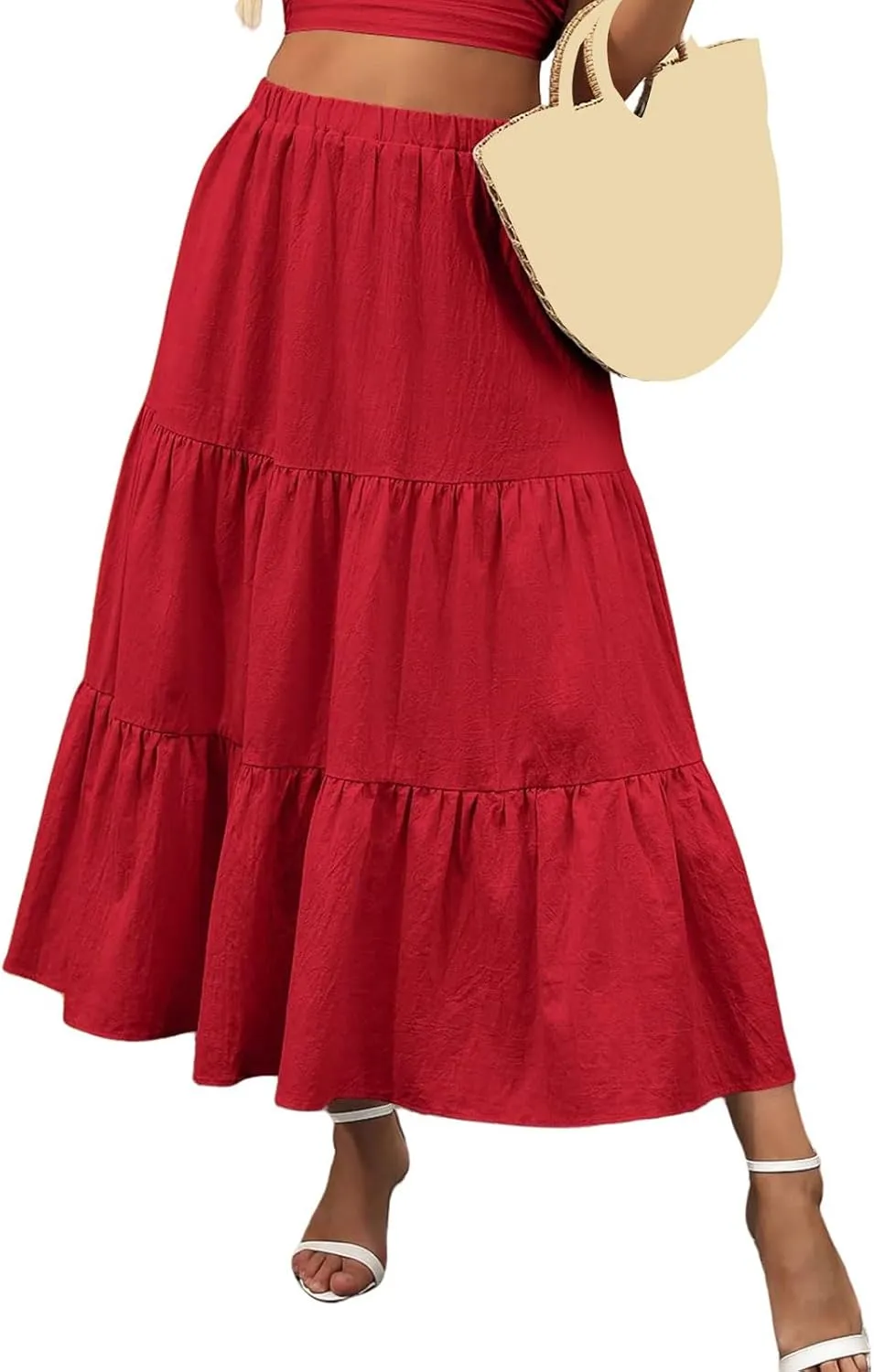 Womens Summer Maxi Skirt High Casual Elastic Waist Flowy Swing Skirts Boho Pleated A-Line Skirt 2025 Fashion