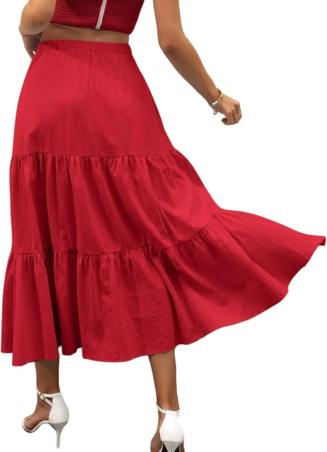 Womens Summer Maxi Skirt High Casual Elastic Waist Flowy Swing Skirts Boho Pleated A-Line Skirt 2025 Fashion
